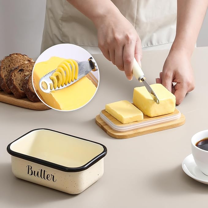 LANDNEOO Butter Dish with Lid and Butter Curler Knife, Unbreakable Metal Keeper Container Double Silicone Sealing, Speckled White, 6.2'L x 4.2' W x 2.2' H, 2 Sticks Capacity, Stainless Steel, Bamboo