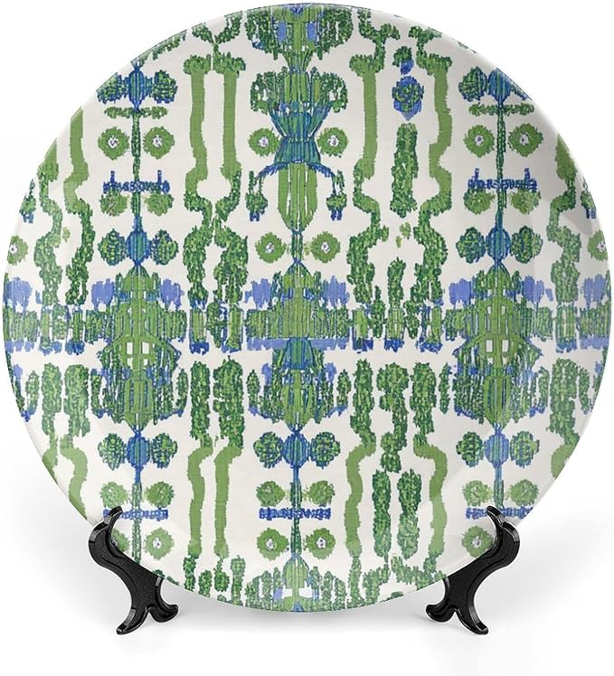Green And Blue Ikat Plates Ceramic of 6", 7", 9", 10", Personalized Geometry Ikat Exotic Design Collector Plates, Display Farmhouse Decorations Table, 1 Plate with 1 Display Stand