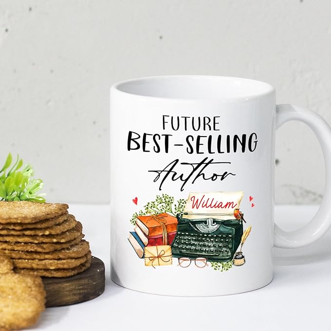 Future Best Author White Coffee Mug 11 Oz 15 Oz, Personalized Selling Author Writer Ceramic Coffee Cup Gifts For Birthday Anniversary, Custom Name Best Future Author Teacup, Typewriter Mug Cup Gift