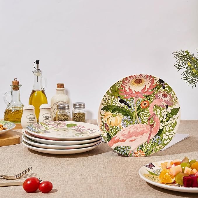 4 Piece Ceramic Plates Set, 8.5Inch Dessert & Salad,Appetizer Plates，Illustrated style Prints, Suitable for Serving Pasta, Pizza. Dishwasher, MicrowaveSafe.gift for birthdays and holidays(8.5inch)