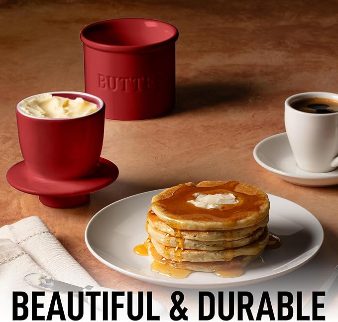 Zulay Kitchen Bell Shaped Butter Crock with Lid for Countertop with Water Line & Spreader Knife, Ceramic French Butter Dish Keeper For Fresh, Soft & Spreadable Butter - Garnet