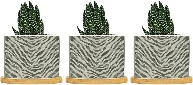 Tiger Fur Skin Planter Ceramic Animal Strip Print Round Plant Pots with Drainage Holes and Bamboo Tray Pot for Home Office Decoration