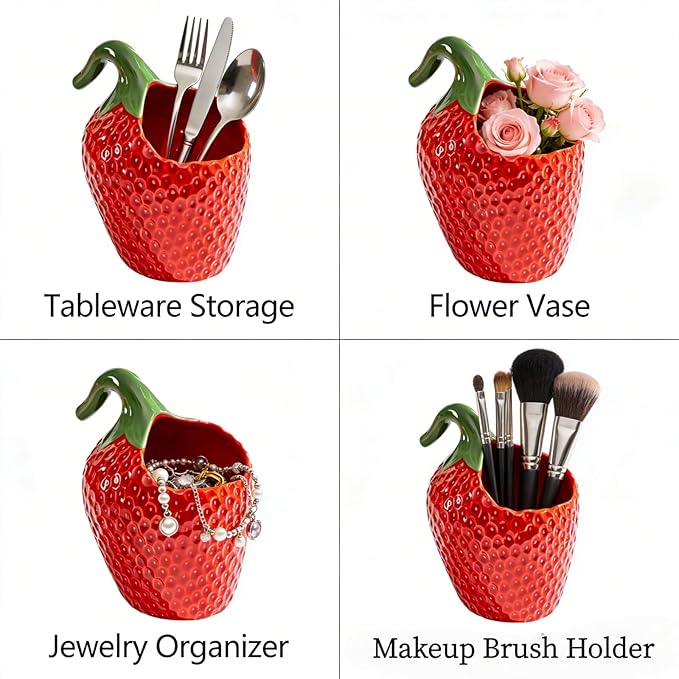 HAN SHENG Decorative Ceramic Strawberry Utensil Holder - Cute Kitchen Countertop Organizer for Spoons, Forks & Cooking Tools, Durable Flatware Storage, Stylish Home Decor Gift Idea