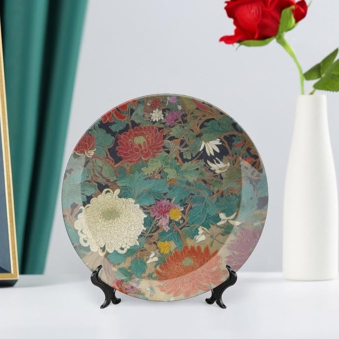 Oriental Floral Chinoiserie Plates Ceramic, Chinoiserie Peony Floral Customize Ceramic Hanging Decorative Plate for Farmhouse Club Decor, Unique Art with Stand Art Decorations for Kitchen Wedding