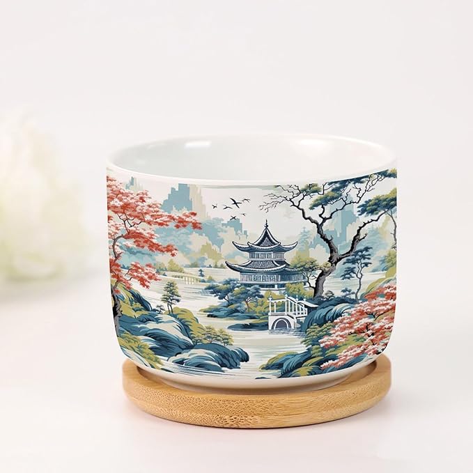 5 Piece Ceramics Planters for Indoor Blue Asia Tiered Tower Coral Pink Flower Small Ceramics Planter Chinoiserie Garden Scenery Succulent Planters Chinoiserie Chic Asian Plant Pot