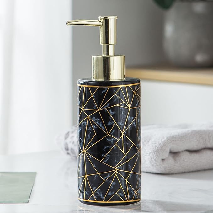 Ceramic Soap Dispenser for Bathroom & Kitchen, Marble Pattern & Gold Thread Decoration - Refillable Liquid Soap Bottle for Hotel (10oz, Black)