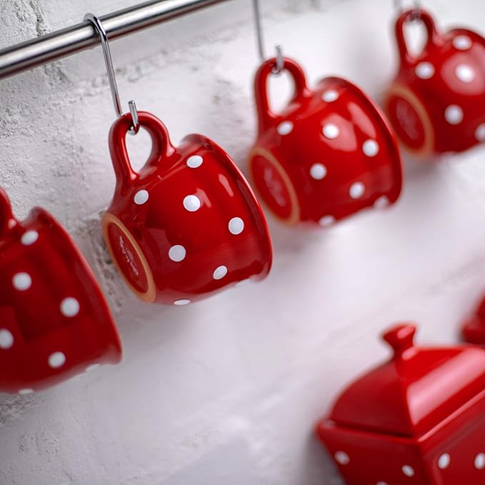 City to Cottage Handmade Red and White Polka Dot Ceramic 8.4oz/250ml | Cappuccino, Coffee, Tea Cup and Saucer, Unique Designer Pottery for Tea Lovers