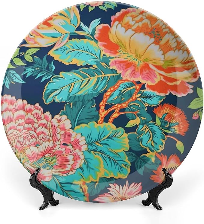 Chinoiserie Peony Floral Decorative Plate, Custom Asian Scenic Chic Chinoiserie Wall Decorative Plate, Club Housewarming Gifts Decorations Art Decoration, Including Bracket And Special Hook