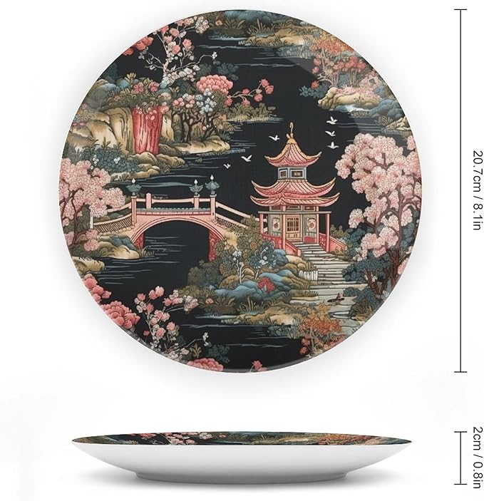 Chinoiserie Charcoal Coral Pagoda Asian China Plates for Display Oriental Chinoiserie Household Kitchen Supplies Table Wall Holiday Party Decorations Customize Gifts for Men Women Thanksgiving