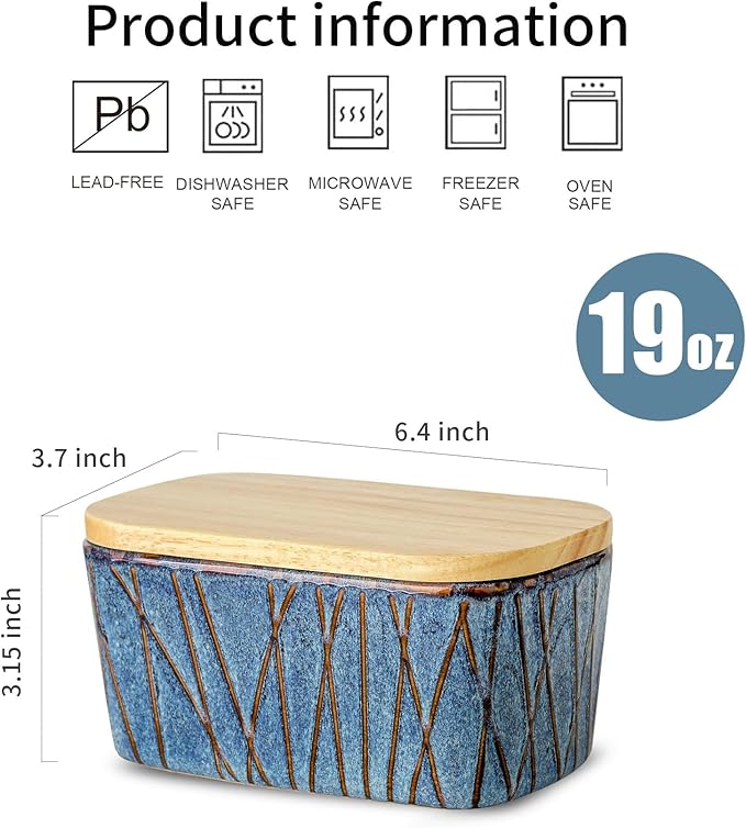 HVH Ceramic Butter Dish with Lid for Countertop, Airtight Butter Keeper with Wooden Lid, Butter Holder for East West Coast Butter, Irregular Striped (Wabi sabi, 6 x 3.5 x 2.7)