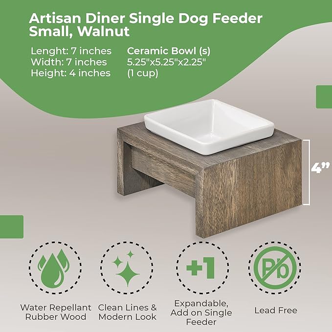 Bowsers Artisan Diner Single Dog Feeder - Handcrafted Rubberwood Frame with Square Ceramic Bowl Feeder for Dogs - Fossil, Small, 7” x 7” x 4”