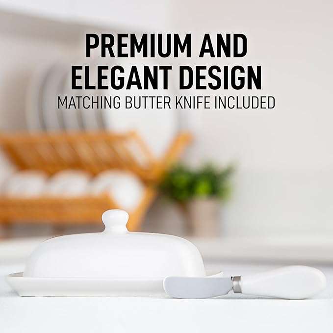 Zulay Kitchen Ceramic Butter Dish with Lid For Countertop & Stainless Steel Knife – Keeps Butter Soft & Fresh – White Butter Dish with Easy-Grip Knob, Durable & Everyday Butter Holder for Home - White