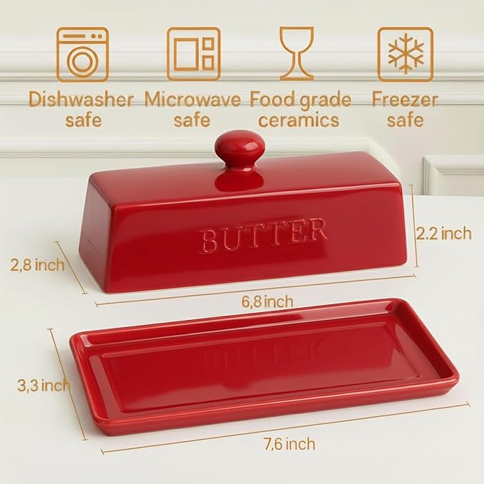 WERTIOO Butter Dish with Lid, Ceramic Butter Dish with Lid for Countertop for 1 Stick. Textured Tray for Non Slip Storage with Stainless Steel 3 in 1 Butter Spreader, Red