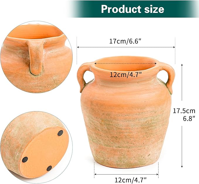 Sungmor Rustic Ceramic Flower Vase with Handles, Decorative Pottery Vase 7 Inch Terracotta Plant Pots, Cement Textured Vases Home Decor, Indoor Fresh Flowers Planter, Dried Flower Arrangements