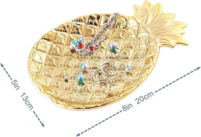 Lependor Ceramic Plate Jewelry Tray Jewelry Holder Jewelry Display - Ring Dish - Organizer for Keys - Phone - Jewelry - Watch - Wallet -Trinket - Best Wedding/Birthday - Big Size Golden Pineapple