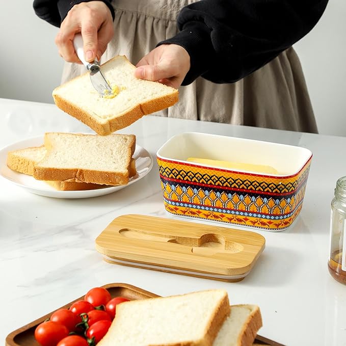 Hasense Butter Dish with Lid, Ceramic Butter Dish with Lid for countertop, Airtight Covered Butter Keeper with Bamboo lid and knife,Butter Holder for Counter, Golden Bloom