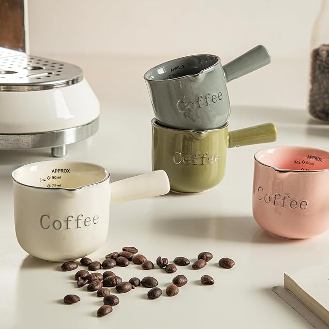 KEMORELA Ceramic Espresso Cups with Spouts & Handles, 3 oz & 90 Milliliter Markings, Espresso Shots, Durable Heat-Resistant Ceramic, Perfect Coffee Accessories for Espresso Lovers (White)