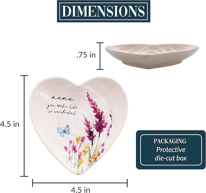 Pavilion Gift Company - Nana - Ceramic Heart-Shaped Keepsake Dish, Watercolor Floral Design, Nana Gifts, Unique Gifts for Nana, Trinket Dish, Jewelry Dish, 1 Count, 4.5IN