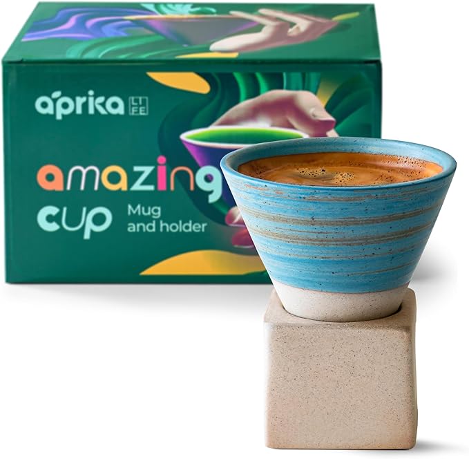 aprikalife Japanese Pottery Coffee Mug with Base 200ml - Ceramic Handmade Triangle Cone Funnel Shaped Retro Tea Cup - Dishwasher & Microwave Safe Coffee Cup for Tea, Cocoa, Espresso & Latte (Blue)
