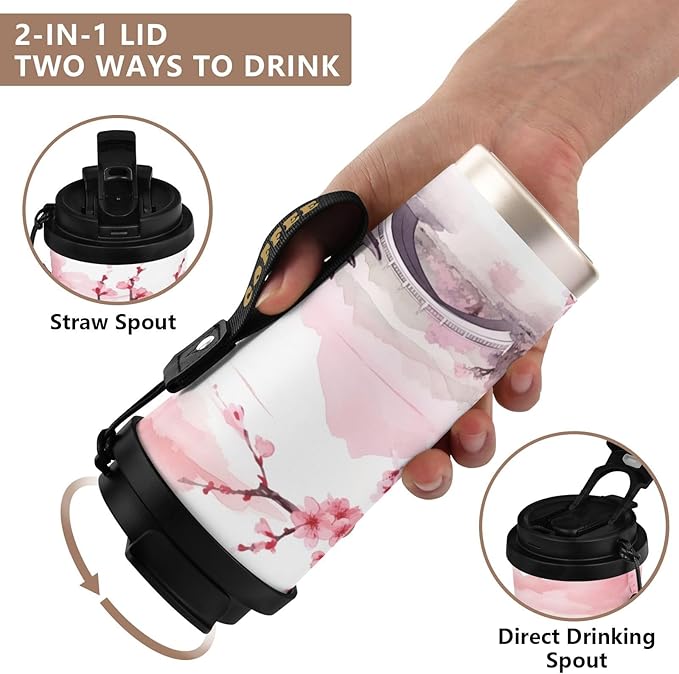 Asian Style Pink 17oz Insulated Coffee Mug with Dual-Function Lid, Ceramic Lined Travel Tumbler for Pure Taste, Stainless Steel Water Bottle with Straw, Fits Cup Holders