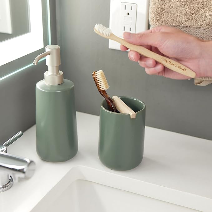 iDesign Ceramic Earth Collection Refillable Tall Soap Dispenser, Moss