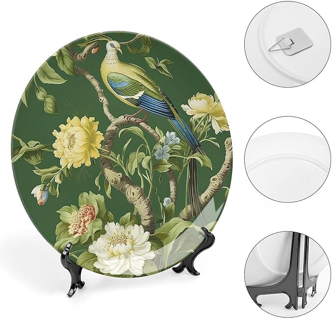 Decorative Plate Pagoda Garden Imperial Green Chinoiserie Peacock Custom Decor for Housewarming Gifts Wedding Club Kitchen Wall Art Hanging Plate Unique Art with Stand, Gifts for Men Women