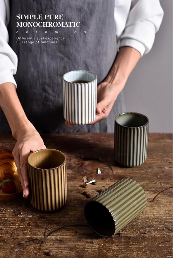Stoneware Coffee Bar Utensil Holder Tea & Coffee Spoon & Stirrer Holder for Stir Stick Straw Teaspoon Holder Spoon Cup Small Utensil Jar Fluted Vertical Stripe (Retro Grey)