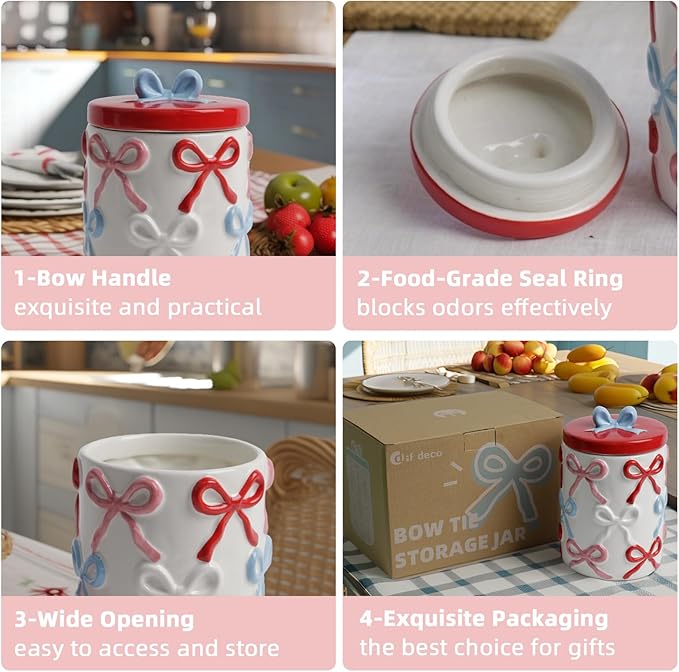 Cookie Jars with Lid Airtight, 42 OZ Large Ceramic Food Storage Containers, Red Bow Kitchen Canisters for Countertop, Suitable for Home Decor of Coffee, Sugar, Tea, Flour, Dog Treat (7.5 In)