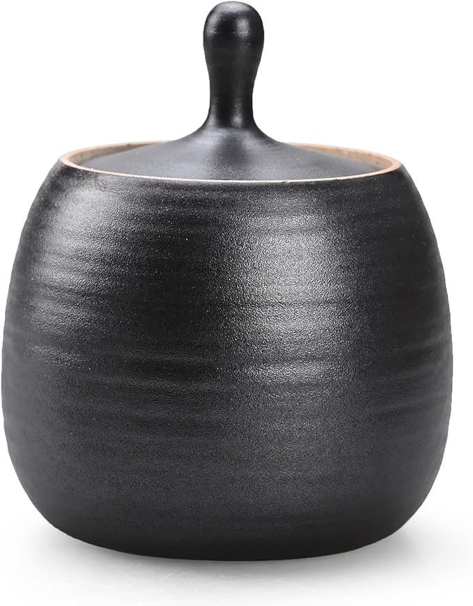 Retro Kitchen Canisters Ceramic Food Storage Jar Roud Shape with Silicone Airtight Lid for Tea, Coffee, Nuts, Herb, Spice, Sugar (Black)