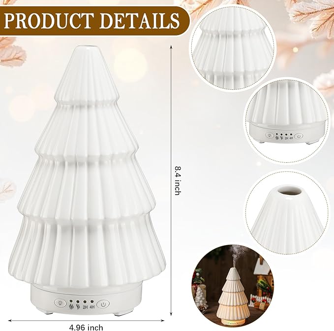 Christmas Essential Oil Diffuser Gifts Ceramic 120ml Christmas Tree Diffuser for Essential Oil Cute Small Aromatherapy Humidifier for Home Office Holiday Decorations(White)