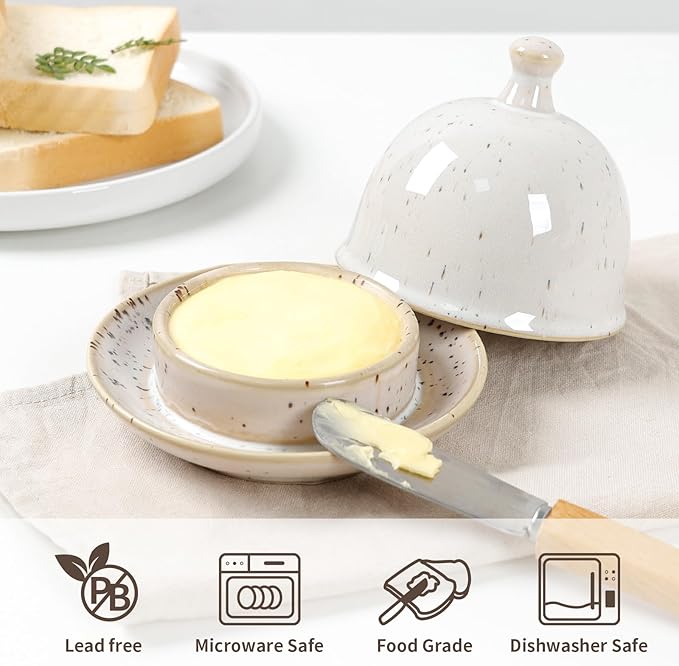 Butter dish, Ceramic Small Butter Dish with Lid, 2026 NEW Original Design Mini Butter Crock Keeper with Handle, 17 OZ Mini Butter Container Cover and Water Sealing 2 Ways Sealing (Speckled Off-White)