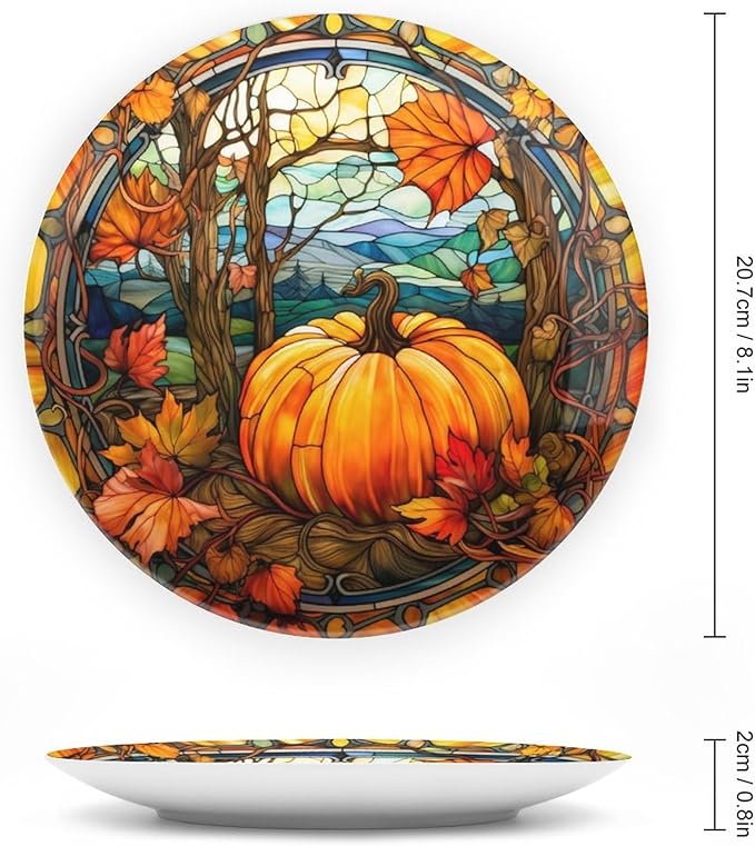Decorative Plates, Fall Pumpkin Watercolour Stained Glass Design Ceramic Dinner Plate Home Wobble-Plate with Display Stand, Wall Hanging Decor for Kitchen Household 8 Inch, Gifts for Thanksgiving