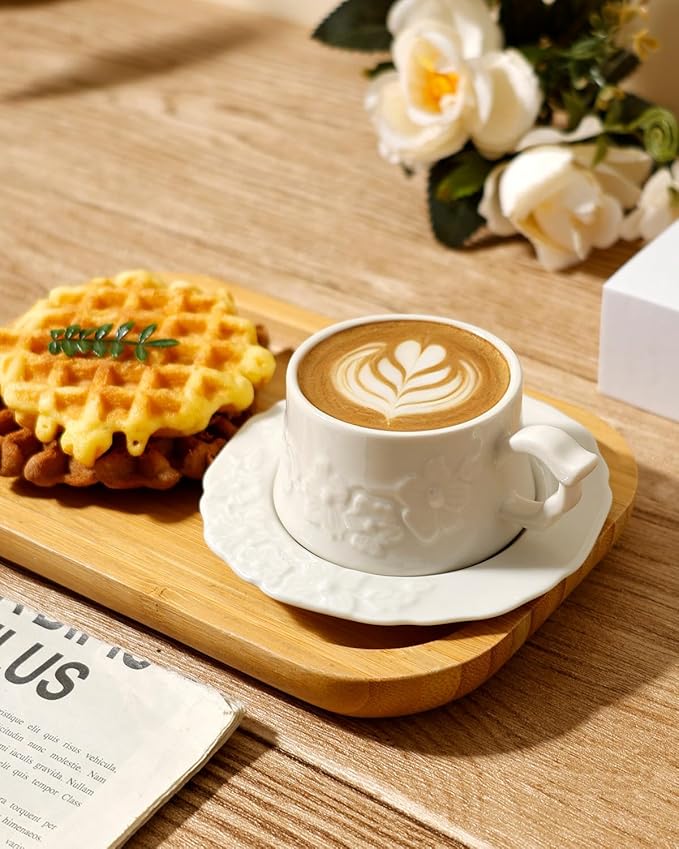 Ceramic Espresso Cups and Saucers Set of 4, Floral Petal Design Cappuccino Cups with Handles, Vintage Style Porcelain Coffee Cup Set, Microwave & Dishwasher Safe(Cream-Flower)