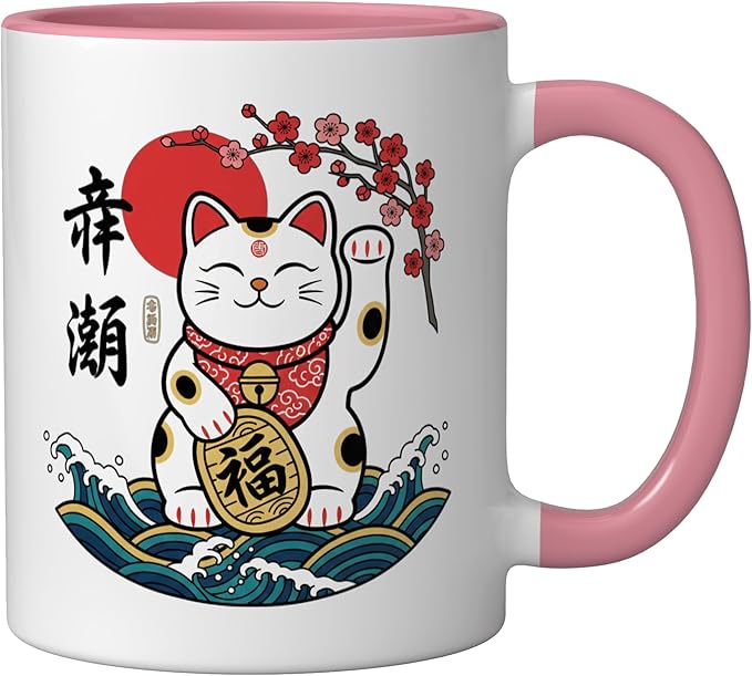 Cat Japanese Lucky Maneki Cat, Lucky Cat With & Bloss Ceramic Mug, Pink/White