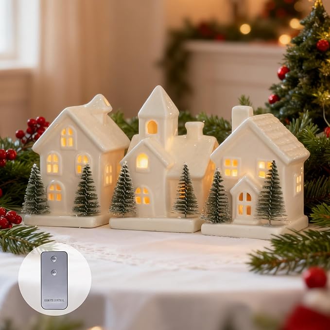 Christmas Decorations - Indoor Christmas Village Set of 3 Lighted Ceramic Houses with Trees - White Xmas Holiday Farmhouse Rustic Decor for Home Table Room