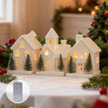 Christmas Decorations - Indoor Christmas Village Set of 3 Lighted Ceramic Houses with Trees - White Xmas Holiday Farmhouse Rustic Decor for Home Table Room