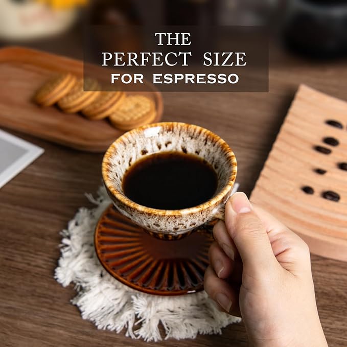 4 oz Espresso Cups Set of 6, Ceramic Cappuccino Cups with Saucers, Stackable Coffee Cup for Macchiato, Double shot, Tea, Coffee Lover Gifts, Glazed White