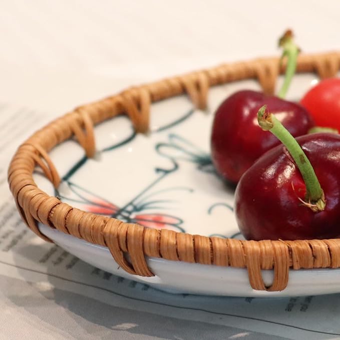 Rattan Ceramic Tray, Oval Fruit/Bread/Cookie/Jewelry Small Storage Porcelain Serving Plate, Vintage Decorative Display Plate for Coffee Table Home Decor Wedding Party Gift (Red Dragonfly)