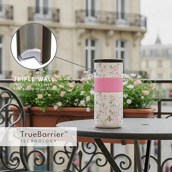 Elemental Artisan Insulated Tumbler, Triple Wall Coffee Travel Mug, Reusable Stainless Steel Coffee Tumbler with Ceramic Lid, Thermal Coffee Cups for Hot (6 Hrs) & Cold (18 Hrs), 16oz - Rose Garden