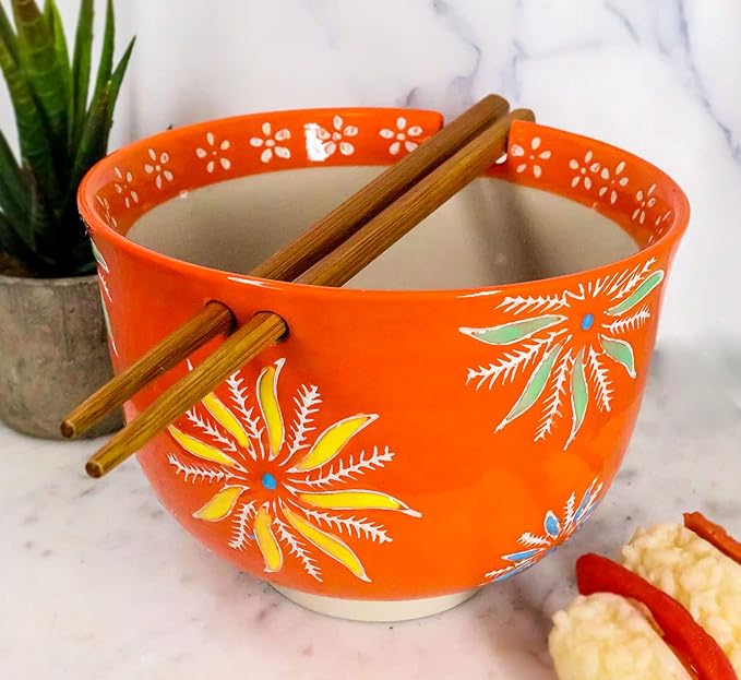 Ebros Japanese Design Ceramic Ramen Udong Noodles Bowl and Chopsticks Set For Asian Dining Soup Rice Gourmet Meal As Taste of Asia Collection Of Bowls Decor Kitchen Decorative (Orange Flower Blossoms)