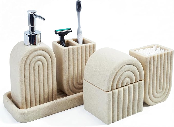 Bathroom Accessory Set, 5 Pcs Bathroom Essentials Sets Accessories, Soap Dispenser Set, Toothbrush Holder, Vanity Tray, Tumbler, Cotton Swab Jars, Bathroom Organizer for Modern Bathrooms(Beige)