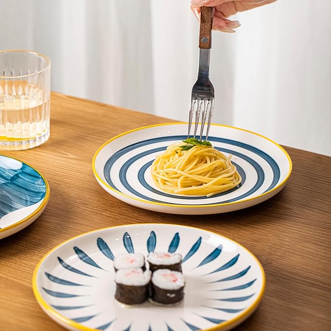 Yeacccng Japandi Dinner Plates Set of 4, 8 Inch 10 Oz Blue Striped Ceramic Plates, Shallow Salad Plates, Lead-Free Cadmium-Free, Dishwasher Microwave Oven Safe, Scratch-Resistant Serving Plates