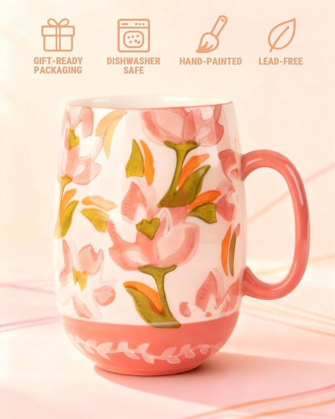 Large 24oz Ceramic Coffee Mug with Handle for Coffee or Tea, Hand-Painted Floral Pottery Mug for Women, Durable Microwave & Dishwasher Safe, Christmas Gift for Family, Holiday & Fall Decor