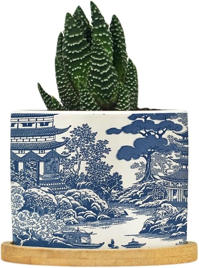 Planters Ceramic Chinoiserie Blue And White Porcelain Pattern Ceramic Pots with Drainage Holes Round Flowerpot Bamboo Tray Plant Pots for Succuelnt And Little Snake Plants Pots for Nana Grandma