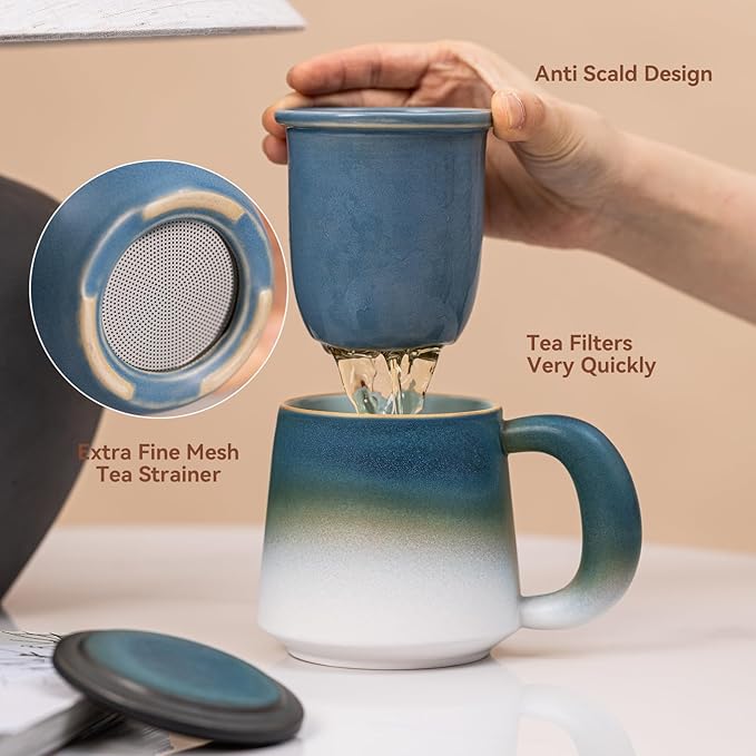 Ceramic Tea Mug with Infuser & Lid, 16oz Kiln-Transformed Unique Cup – Nature's Artisan Design, Loose Leaf Tea Cup with Infuser, Insulated Ceramic Coffee Mugs with Lid, Gift for Women/Men