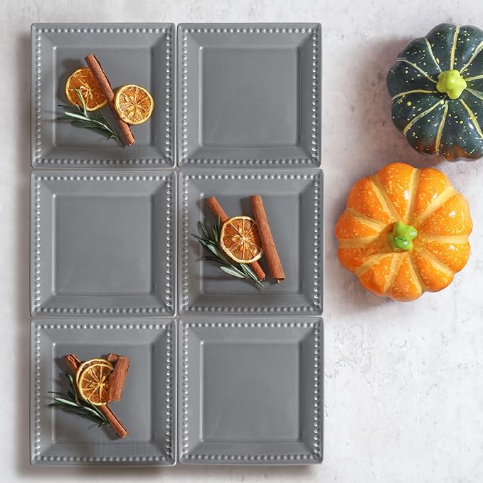 Embossed Appetizer and Dessert Plates, Set of 4, 6 inch Grey Square Dinner Plates for Snack and Restaurant, Dishwasher, Microwave Safe