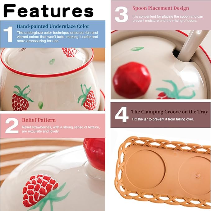 Kitchen Ceramic Condiment Jars with Lids and Spoons, 3 Piece Kitchen Ceramic Seasoning Jar Set for Salt Spice Suger Pepper, Sugar Coffee Tea Container Pot with Serving Tray - Red Strawberry
