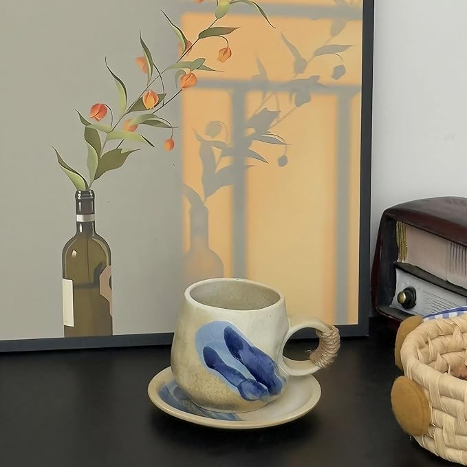 8oz Small Vintage Japanese Style Handmade Ceramic Tea Cup with Saucer , Lead-Free Cappuccino Mug, Artisanal Coffee Mug with saucer set,Handcrafted mug with handle, For Espresso, Latte ,(1, White)