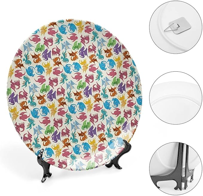XISUNYA 10 Inch Decorative Plate, Dragon Dinner Plate, Cartoon Children Animal Pattern Colorful Dragons Print Ceramic Wall Hanging for Home Office Party Dinner Table Decor