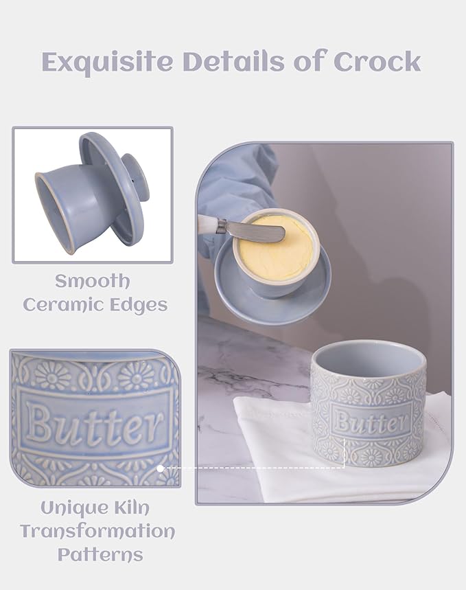 TEATALK Ceramic French Butter Crock - Vintage Relief Pattern Butter Keeper with Water Seal, 6.7oz Sky Blue Butter Dish for Fresh Spreadable Butter, Farmhouse Kitchen Decor & Gift